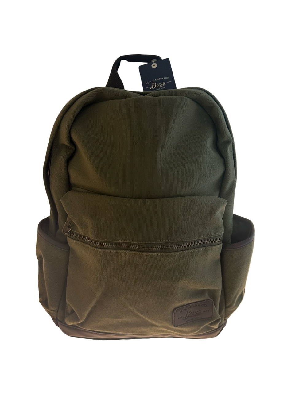 New GH Bass & Co Army Green Canvas Backpack  with Leather Bottom & Logo Patch